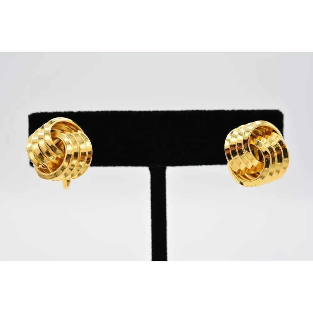 Vintage Clip On Earrings Knot Tie Stud Gold Huggie Round Metallic 1980s BinAA